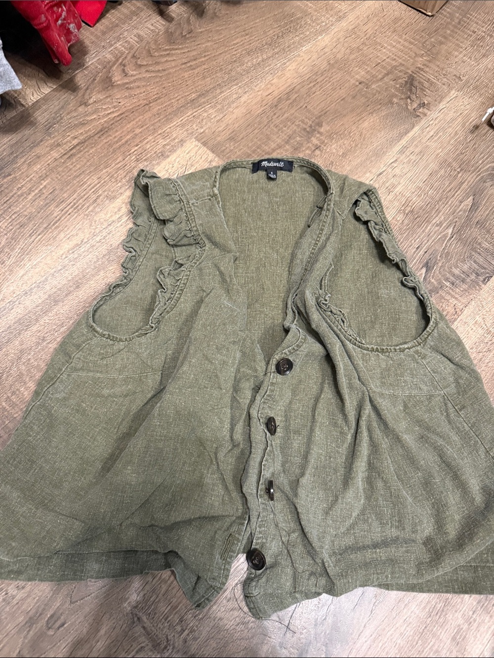 Madewell Olive Green Ruffle-Trim Button Front Sleeveless Tunic
